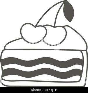 Piece of cream cake with cherries, hand drawn ink illustration. Simple icon sweet homemade pastry doodle sketch style. Black and white slice of berry Stock Vector