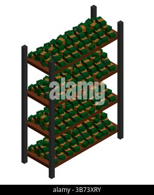 A tall wooden shelf with many green blocks on it. The blocks are stacked in rows and are of different sizes. The shelf is very tall and has four level Stock Vector