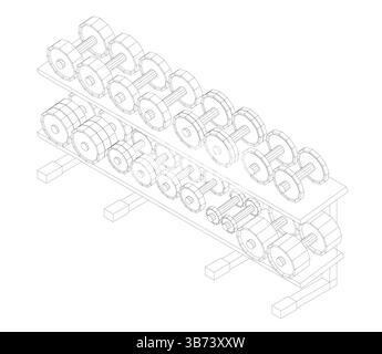 A detailed vector wireframe illustration of a set of dumbbells arranged on a stand, showcasing their geometric shapes and intricate structural lines t Stock Vector
