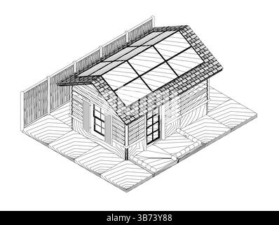 A small house with a slanted roof and a fence in the background. The house is made of wood and has a window. Isometric view Stock Vector