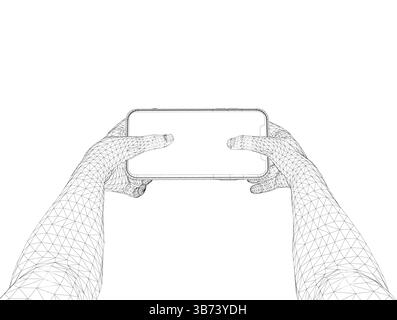 A detailed vector wireframe illustration of human hands holding a smartphone, showcasing intricate geometric lines that highlight the form and structu Stock Vector