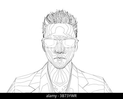 A detailed vector wireframe illustration of a futuristic character wearing sunglasses and a high-tech suit, showcasing intricate geometric lines that Stock Vector