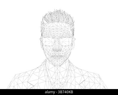 A man with a glasses is shown in a black and white illustration. The illustration is a digital drawing of a person, and the man is wearing a suit. Stock Vector