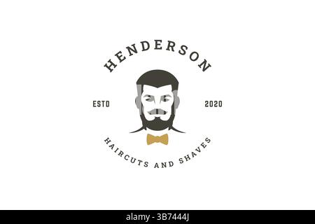 Stylish retro logo featuring a mans silhouette with beard and mustache, bow tie detail, and elegant text elements. Perfect for barbershop branding. Ve Stock Vector