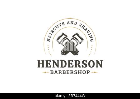 Elegant barbershop logo featuring crossed scissors and comb, surrounded by a circular emblem with text. Retro design in black and gold colors, suitabl Stock Vector