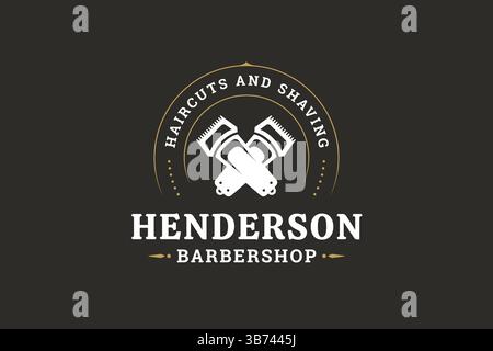 Retro barbershop emblem featuring crossed razors, combs, and gold accents, with a classic typographic design. Suitable for branding and marketing mate Stock Vector