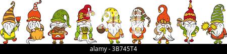 Doodle gnomes. Hand drawn garden dwarf with autumn decor. Scandinavian style gnome hold pumpkin mushroom harvest basket, neoteric vector set Stock Vector