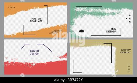 Vector illustration. Abstract color horizontal frame set. Ink brush strokes design for web template, social media, cover overlay, website banner Stock Vector