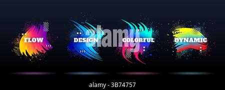 Vector illustration. Modern art graphic. Dynamic frame set with paint splash and halftone dots. 3d flowing gradient colorful wave. Element for design Stock Vector