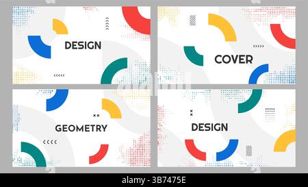 Vector illustration. Abstract vibrant color background set. Cool bright wallpapers with semi circle shapes and halftone dots. Design elements Stock Vector