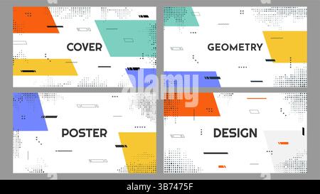 Vector illustration. Abstract vibrant color background set. Cool bright wallpapers with flowing shapes and halftone dots. Design elements Stock Vector