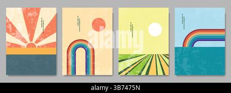 Vector illustration. Mid century modern graphic. 20s retro funky graphic. Grunge overlay texture. Minimalist landscape set. Abstract shapes. Design Stock Vector
