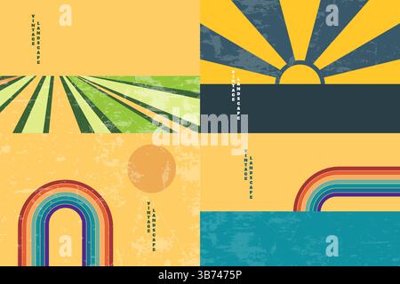 Vector illustration. Mid century modern graphic. 60s retro funky graphic. Grunge overlay texture. Minimalist landscape set. Abstract shapes. Design Stock Vector
