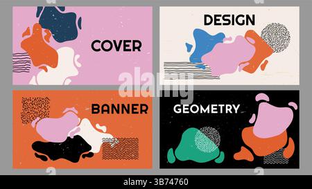 Vector illustration. Vintage style liquid blobs banner set. Retro twisted shapes composition. Design elements of web banner, website template Stock Vector