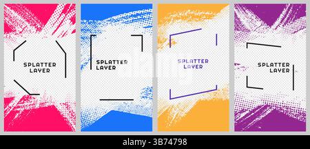 Vector illustration. Hand drawn abstract overlay set. Ink brush strokes with halftone dots border set. Retro paint splatter. Element for design flyer Stock Vector