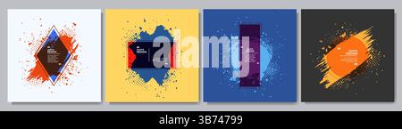 Vector illustration. Color frame for text. Modern art graphics. Dynamic brush strokes concept. Halftone dots and messy ink splatter Stock Vector
