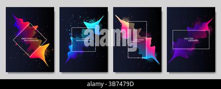 Vector illustration. Modern art graphic. Dynamic frame set with paint splash and halftone dots. 3d flowing gradient colorful wave. Element for design Stock Vector