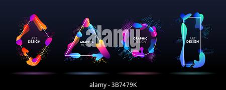 Vector illustration. Dynamic liquid shapes with gradient color. Halftone pattern abstract frames. Fluid modern aesthetic border with bright neon hues Stock Vector