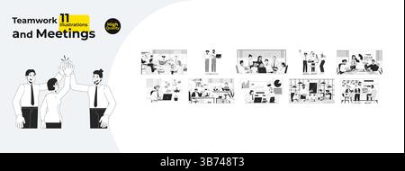 Business teamwork and meetings outline illustrations mega bundle Stock Vector