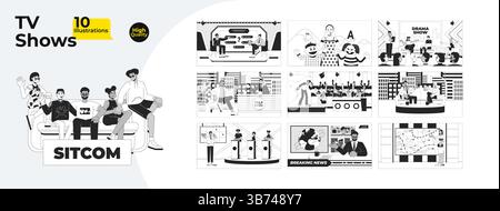 TV shows broadcast entertainment outline illustrations mega bundle Stock Vector