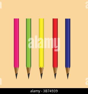 Vibrant 3D Wooden Pencils Set on Light Orange Backdrop – Realistic Vector Illustration for Creative Design Projects. Stock Vector