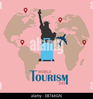World Tourism Day. Travelling creative concept. Backpack with airplane icon isolated on pink background. Vector illustration. EPS file. Stock Vector