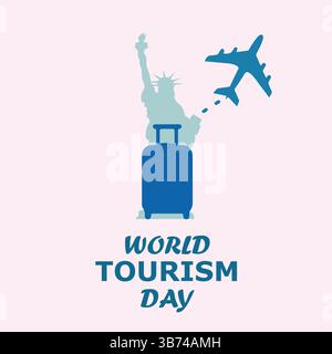 World Tourism Day Travelling Creative Concept Backpack with Airplane Icon Isolated on Pink Background Vector Illustration EPS File. Stock Vector