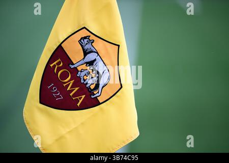 Verona Rome AS Roma crest is seen on the corner flag during the Serie A Enilive ...