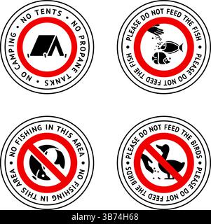 Prohibited label No fishing, Do not feed fish, No tents, Do not feed birds, forbidding sticker set Stock Vector