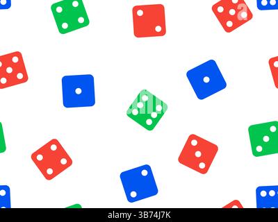 Dice seamless pattern. Green, red and blue craps dice on white background, top view. Casino dice game. Design for apps, banners, booklets, covers. Vec Stock Vector