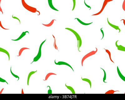 Seamless vector pattern featuring spicy capsicum silhouettes. Repeating red and green chili pepper shapes on a white background. Great for food design Stock Vector