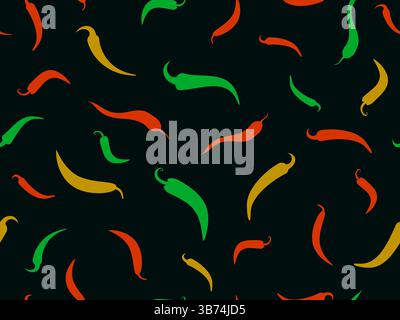 Seamless vector pattern featuring spicy capsicum silhouettes. Repeating chili pepper shapes on a black background. Great for food design, wrapping pap Stock Vector