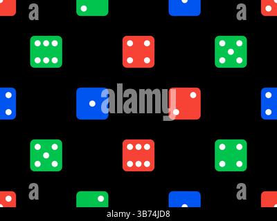 Dice seamless pattern. Green, red and blue craps dice on black background, top view. Casino dice game. Design for apps, banners, booklets, covers. Vec Stock Vector