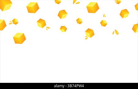 Falling Mango Cubes with Juice Drops – Juicy Yellow Fruit Pieces Border for Tropical Food, Juice Ads, Summer Recipes, and Organic Product Design. Stock Vector