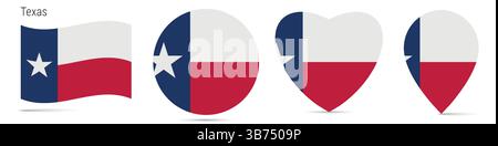 Texas US state waving flag, round circle sticker badge, heart shaped icon, map pin. Flag buttons of different shapes. Vector illustration isolated on Stock Vector