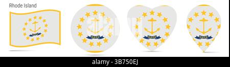 Rhode Island US state waving flag, round circle sticker badge, heart shaped icon, map pin. Flag buttons of different shapes. Vector illustration isola Stock Vector