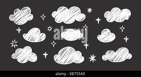 Chalk clouds and stars kid drawing set - white hand drawn style outlines, sketched crayon on black background. Stock Vector