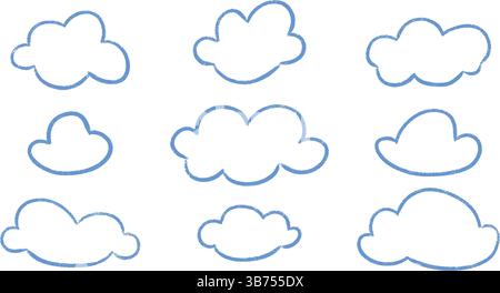 Kid crayon chalk cloud doodle set - lovely imperfect squiggly outlines ragged borders. Stock Vector