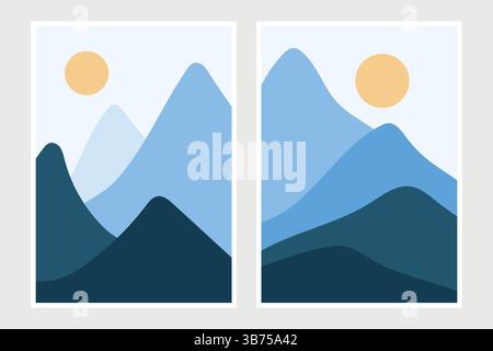 Blue Modern Abstract Contemporary Wall Art with Mountains and Hills. Nature landscape posters. Concept for banners, flyers, cover, posters Stock Vector