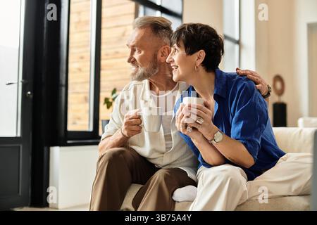 Middle aged husband and wife share laughter and warmth on a comfortable couch while relaxing. Stock Photo