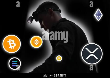 Cryptocurrency trader or miner standing in the dark with a flashlight, surrounded by glowing logos of Bitcoin, Ethereum, and BNB on a black background Stock Photo