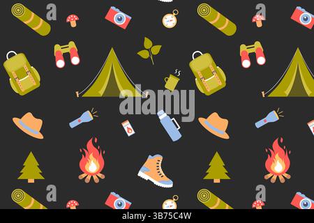 Seamless vector repeating pattern of camping, tourism elements on dark background. Stock Vector