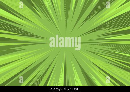 Green Comic Style Halftone Background. Modern creative pop art rays in comic style background. Clean anime halftone backdrop Stock Vector