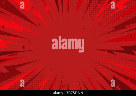 Red Pop Art Comic Background with Thunders. Red thunder comic halftone style background. Retro comic book style empty backdrop for magazine, cover, ad Stock Vector