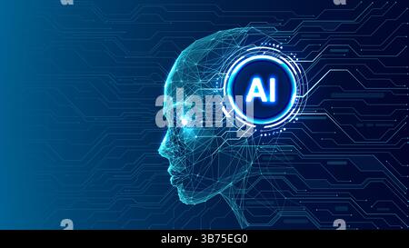 Abstract digital woman cyborg face with AI chip in a head. Stock Vector