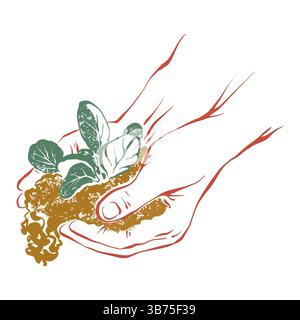 Hands holding soil with sprouting seedling – vector illustration for Earth Day, gardening and eco care concepts Stock Vector