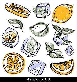 Refreshing summer clipart set with mint leaves, citrus slices, and ice cubes Stock Vector