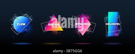 Vector illustration. Dynamic gradient color frame set. Geometric shapes with memphis pattern elements on black background. Element for design Stock Vector