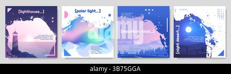 Vector illustration set. Nature scene landscape of lighthouse by sea, aurora borealis, mountain road, night desert. Ink splatter overlay Stock Vector