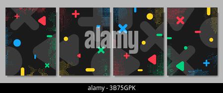Vector illustration. Abstract dark color background set. Memphis pattern shapes and halftone dots. Cool bright design elements for book cover Stock Vector